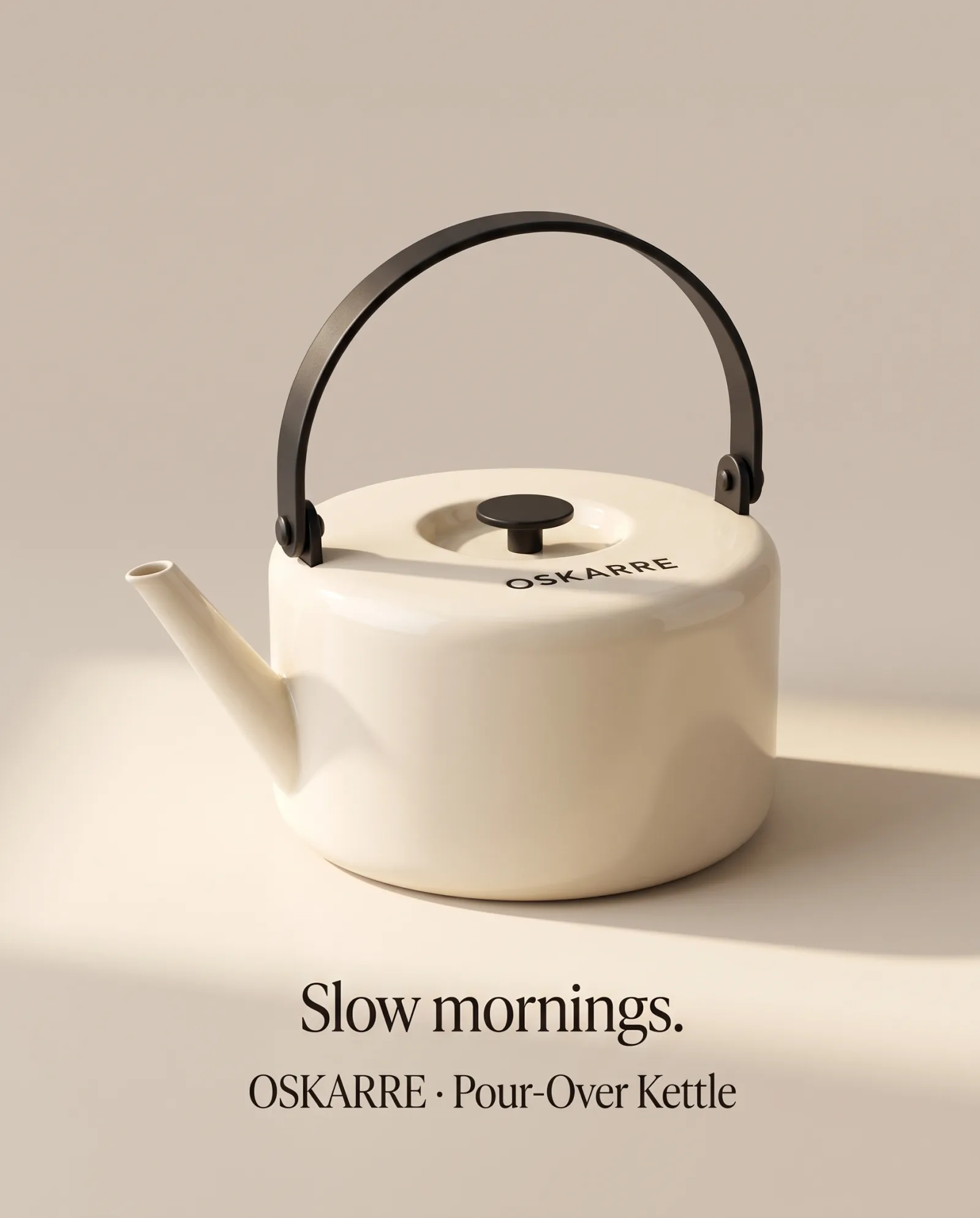 Oskarre kettle, portrait placement. Headline: Slow mornings.