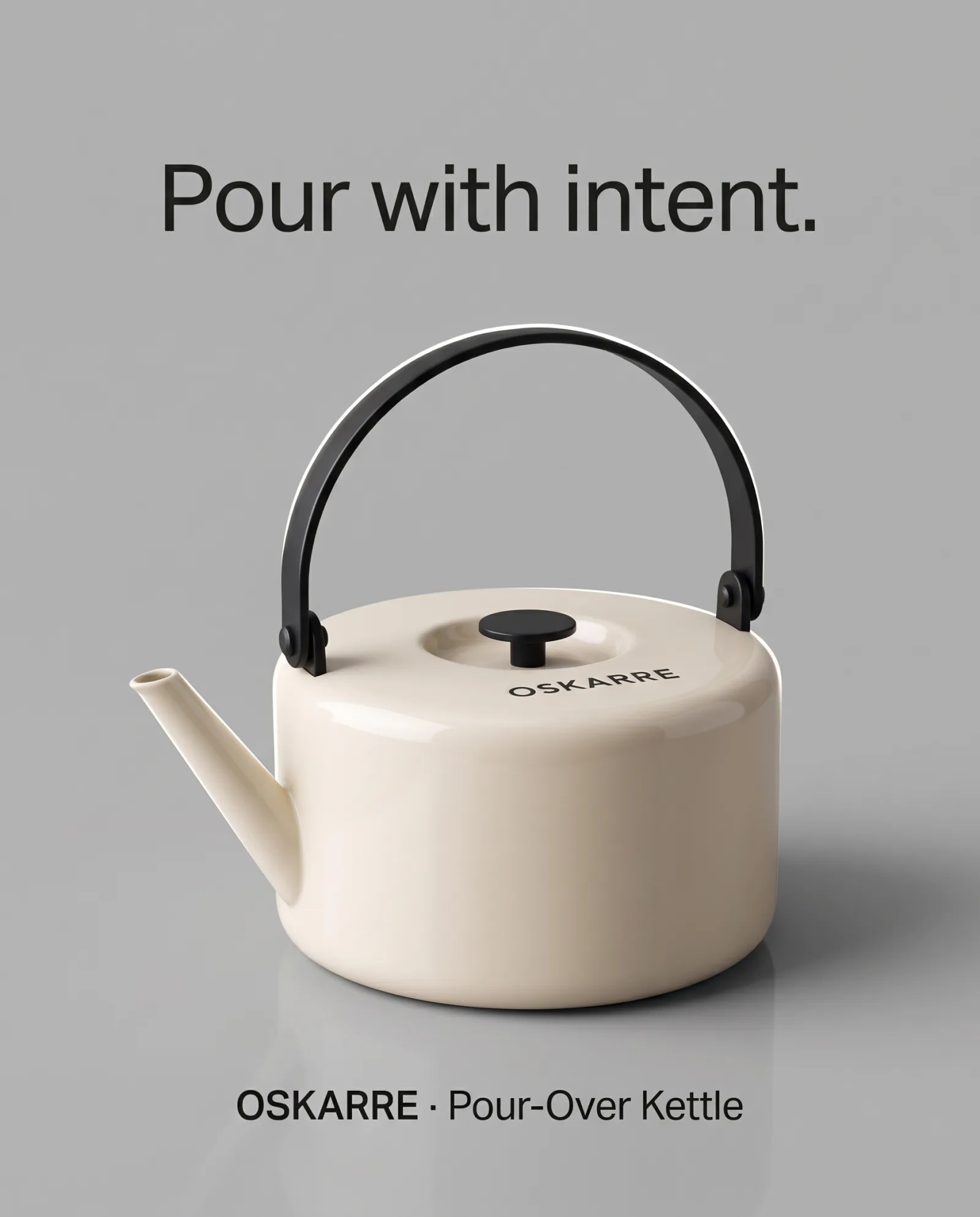 Oskarre kettle, portrait placement. Headline: Pour with intent.